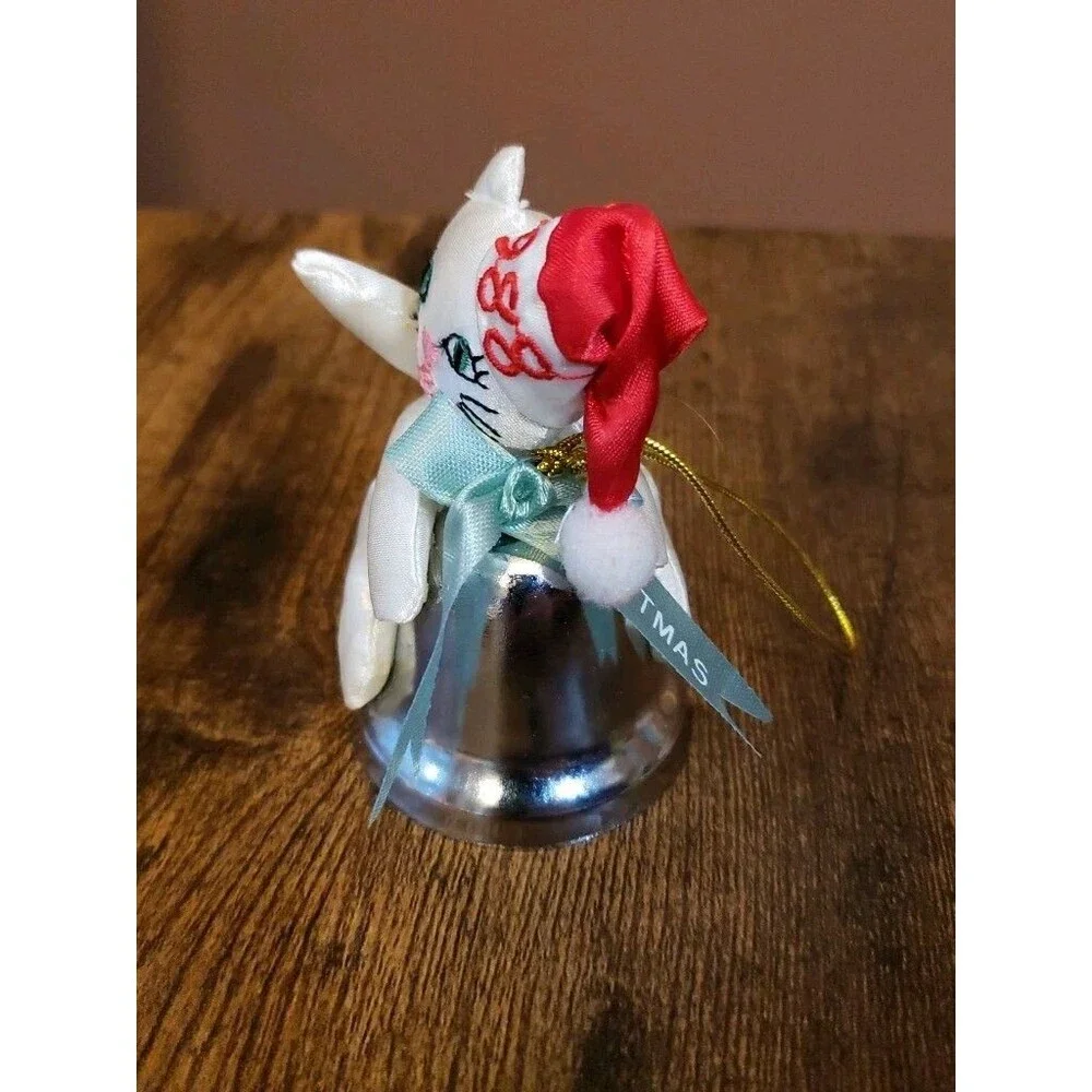 Vintage 1988 Fancy Feast White Cloth Cat Russ Christmas Tree Ornament Steel Bell